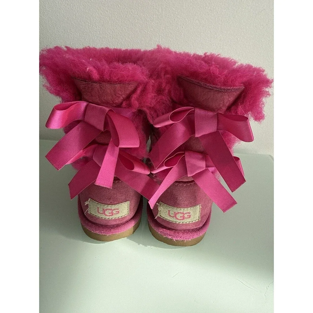 ✿ UGG Kids Pink Suede Shearling Bow Back Boots Winter Warm Girls Size 12 USA